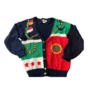 VTG Leslie Fay Haberdashery Nautical Cardigan XL ,Navy Blue Red Green, Ramie